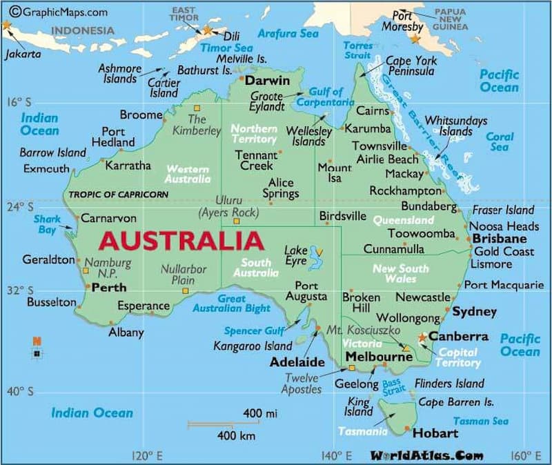 Bản đồ Úc thể diện tích lớn, đầy đủ phần đất liền và lãnh hải