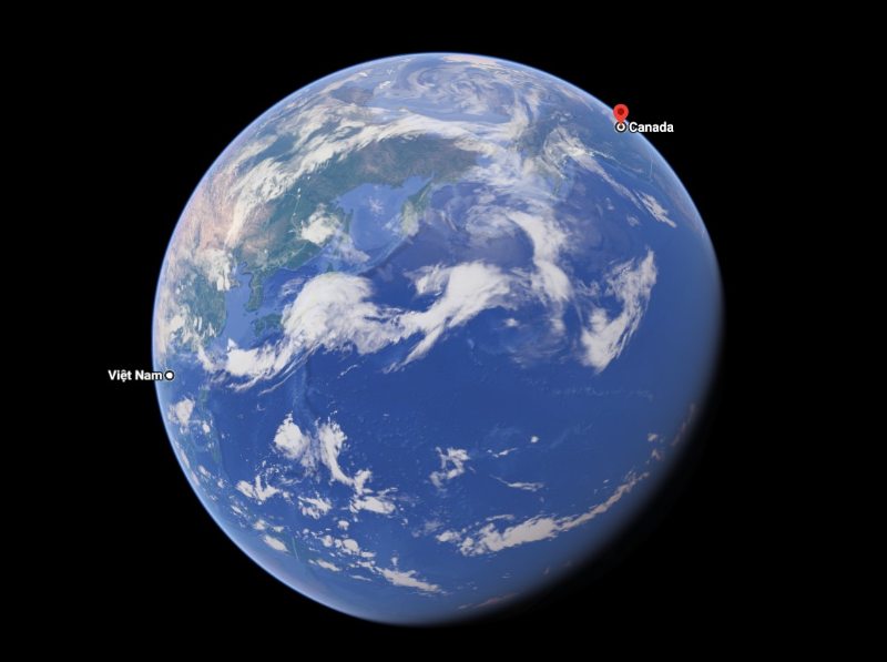 Khoảng cách giữa Toronto, Canada và Hà Nội, Việt Nam là 12.807 km