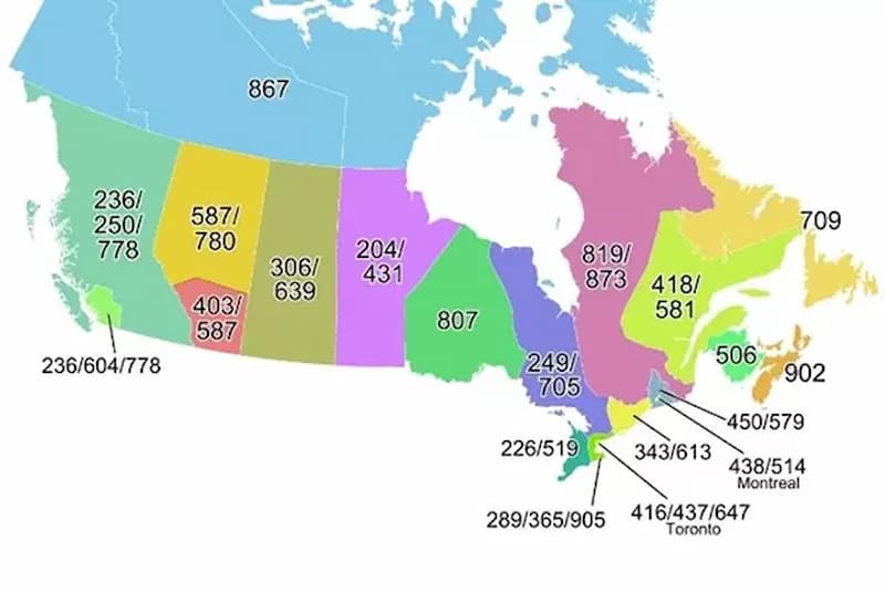 Có 40 mã vùng Canada dùng để liên lạc cho các bang